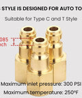 Close-up of three brass quick-connect air fittings with specs for 14 Piece Automotive Type C Quick Connect Air Fittings Kit.