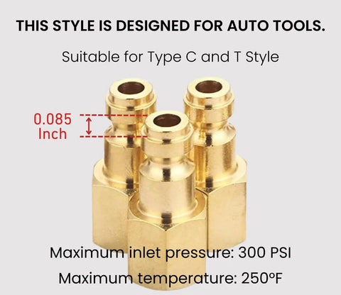 Close-up of three brass quick-connect air fittings with specs for 14 Piece Automotive Type C Quick Connect Air Fittings Kit.