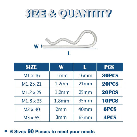 Cotter Pin Assortment Kit With 230 Pieces In 13 Sizes 304 Stainless Steel R Shaped Cotter Pins product size chart image