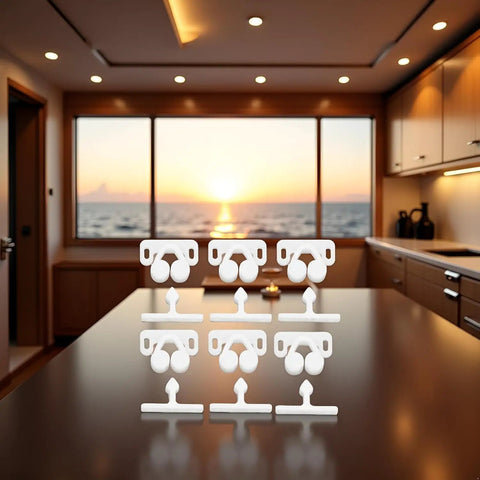 Six Pack Of White Ball Catch Roller Latches For Boat Marine Cupboard Cabinet Doors Heavy Duty Spring Loaded Plastic Hardware displayed on a table.
