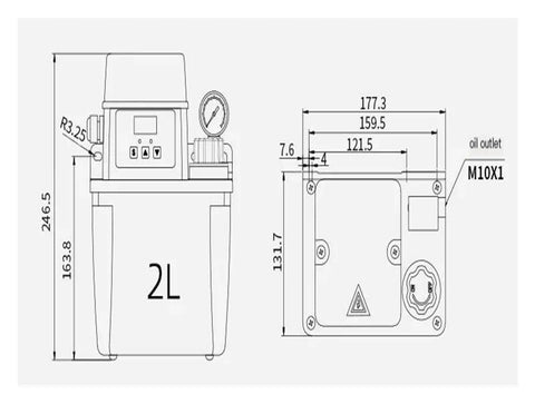 Technical diagram of Automatic CNC Lubrication Pump For Precision Machinery, 220V AC, 2L Capacity, showing dimensions and oil outlet