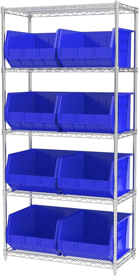 Heavy Duty Plastic Storage Bins Set Of 3, Space Saving Stackable Bins For Garage Pantry Craft Organization on metal shelves