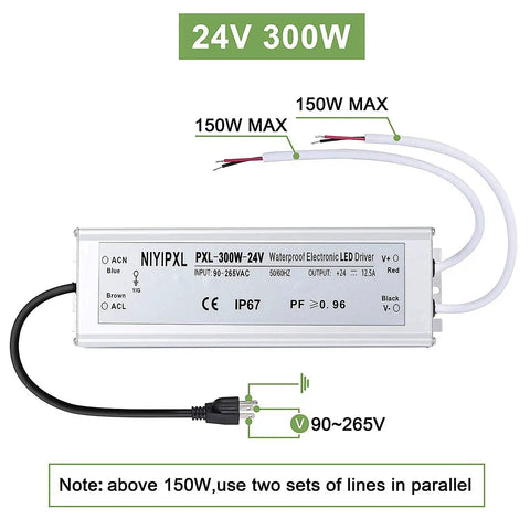 Go-To 300W LED Driver 24V DC Power Supply IP67 Waterproof LED Transformer With 3-Prong Plug And 3.3 Ft Cable diagram view