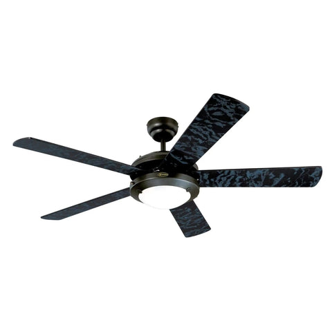 Comet Indoor 52 Inch Ceiling Fan With Light in Matte Black with reversible black and black marble blades and frosted glass.