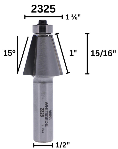 Killer Precision Carbide Tipped Edge Bevel Router Bit With 15 Degree Angle showcasing 1 inch cut length and half inch shank.