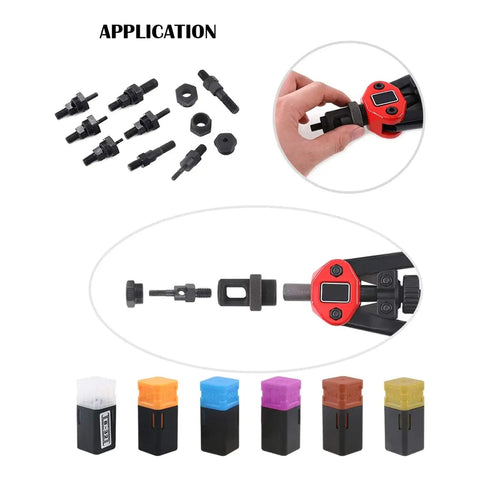 Hand Rivet Nut Tool Kit With Blind Riveter And Six Rivet Nut Sets, Nose Pieces, And Drill Adapter For Quick Install, Threaded Inserts, Automotive And Metalworking Projects, License Plate Mounts; set of nose pieces and adapters