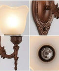 Antique Copper Wall Sconce Light European Vintage Design with Flower Glass Shade Carved Base Indoor Wall Lamp for Bedroom Living Room Hallway Bedside Decor E26/27 close-up of frosted glass shade and carved base