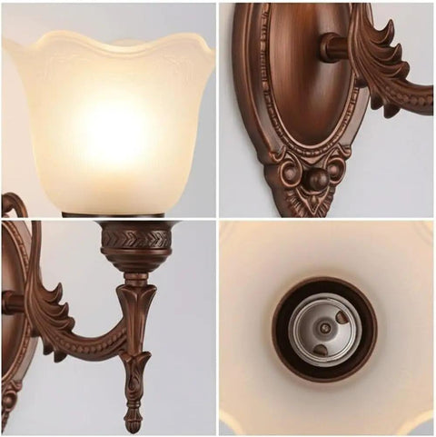 Antique Copper Wall Sconce Light European Vintage Design with Flower Glass Shade Carved Base Indoor Wall Lamp for Bedroom Living Room Hallway Bedside Decor E26/27 close-up of frosted glass shade and carved base