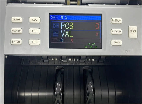 Heavy Hitter Multi Currency Bill Counter Machine With Auto Currency Identification And Error Detection display showing count and settings.