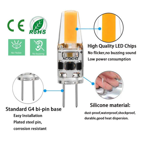 G4 Bi Pin LED Bulb 2W Equal To 20W Warm White 3000K, 210 Lumens, AC DC 12V, No Flicker, No Buzz, Compact T3, features and details