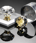 25 Piece Diamond Crystal Glass Cabinet Knob Set 30mm Gold Pull Handles For Cupboards Drawers Dressers Bookcases Wardrobes Premium Aluminum Core Rust Resistant Easy Install displayed on reflective surface with gold base details