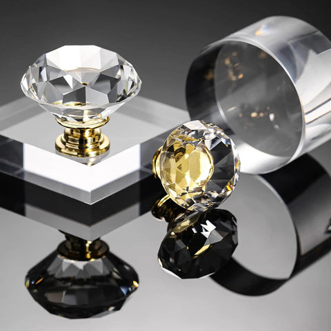 10 Pack Diamond Crystal Glass Cabinet Knobs Gold 30Mm Pull Handles For Cabinets, Drawers, Dressers, Bookcases, Wardrobes Includes 22Mm, 25Mm, And 35Mm Screws For Quick, Easy Mounting. Gold crystal glass cabinet knobs on reflective acrylic blocks
