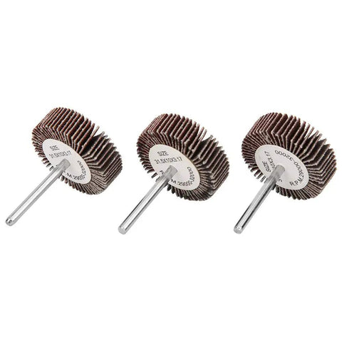 Top Quality 10 Piece Aluminum Oxide Flap Wheel Set For Drill With Metal Shank Sander on display for wood and metal projects.