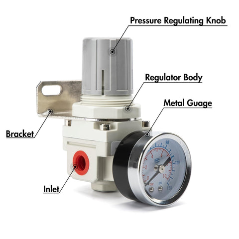 Shop Ready Pro Grade One Quarter Inch NPT Air Regulator With Gauge for Compressors, showing steel protected gauge and inlet.