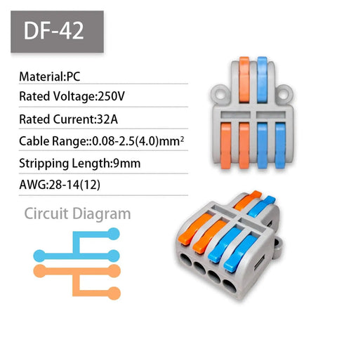 No Tool Wire Connectors For Home And Led Lights Super Easy Push In Block Splicing Solid Stranded 28 To 12 Awg Copper Terminals That Are Flame Retardant And Durable Perfect For Electrical Junction Box Projects, DF-42 32A connector