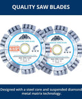 Segmented turbo saw blades with steel core and diamond matrix technology, front view of two discs with labels displayed horizontally.