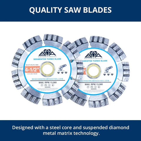Segmented turbo saw blades with steel core and diamond matrix technology, front view of two discs with labels displayed horizontally.