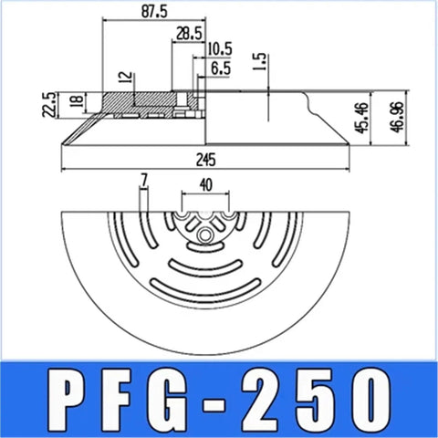 10 Piece Set Of Heavy Duty Silicone Vacuum Suction Cups For Industrial Manipulators And Pneumatic Robots showing PFG-250 dimensions and design details.