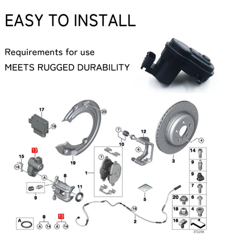 Top Shelf Rear Parking Brake Actuator 34216791420 34216794618 Clean Swap For BMW X3 X4 Z4 M5 M6 And Range Rover parts diagram with motor unit and components.