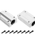 Two aluminum SCS12LUU linear bearing slides, 70mm long with 12mm bore, plus eight mounting screws.