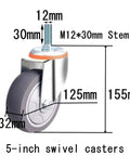 5 Inch Heavy Duty Castor Wheels With TPR Swivel Base, M12x30mm Threaded Stem, detailed view showing dimensions and rubber tread.