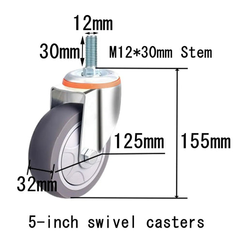 5 Inch Heavy Duty Castor Wheels With TPR Swivel Base, M12x30mm Threaded Stem, detailed view showing dimensions and rubber tread.