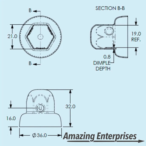 Technical diagram of Six Pack Lug Nut Cover Set dimensions for Mercedes Sprinter Vans with 16 inch Alcoa wheels, 6 lug, stainless steel.