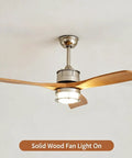 YPDJVLTI 106-132cm Ceiling Fans Lights LED Fandelier with solid wood blades and integrated light, installed on a ceiling.