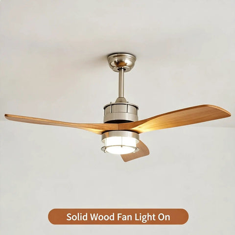 YPDJVLTI 106-132cm Ceiling Fans Lights LED Fandelier with solid wood blades and integrated light, installed on a ceiling.