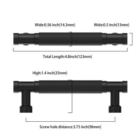 Diagram of 10 Pack 3.75 Inch Matte Black Knurled Cabinet Pull Handles with measurements for kitchen cabinets and drawers installation.