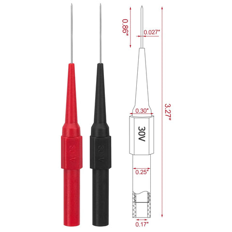 Four Pack 0.7mm Test Probe Pins With Non Destructive Insulation Piercing Needles, Stainless Steel Back Probe Pins, shown in red and black