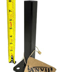 Rock Solid Weld On Repair Base For One Inch Outdoor Iron Stair Railing Posts With Heavy Duty Eight Inch Handrail Bracket And Solid Three Inch Plate In Durable Black Paint With Bolts next to measuring tape.
