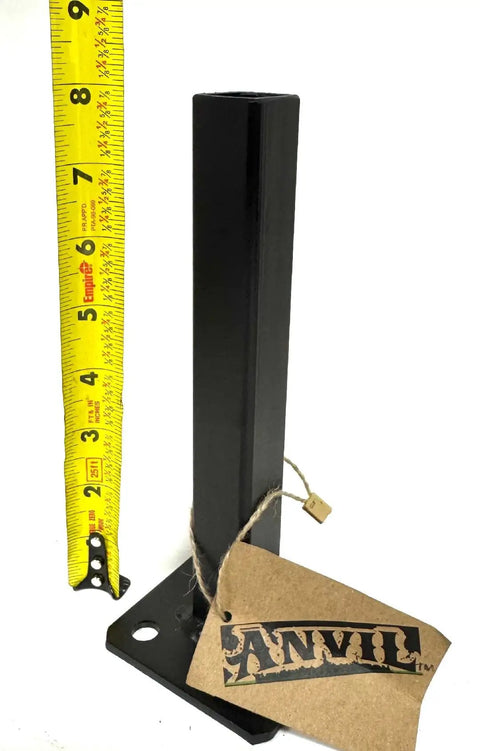 Rock Solid Weld On Repair Base For One Inch Outdoor Iron Stair Railing Posts With Heavy Duty Eight Inch Handrail Bracket And Solid Three Inch Plate In Durable Black Paint With Bolts next to measuring tape.