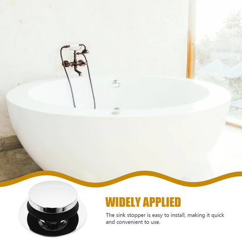 Universal Bathtub Drain Stopper Press Plug with Copper Core installed in a stylish white bathtub with modern fixtures.