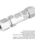 Side view of a stainless steel BSPP female-thread check valve, 3/8 in, 304 stainless steel, for water/oil/gas piping.