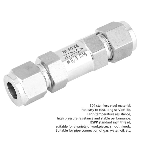 Side view of a stainless steel BSPP female-thread check valve, 3/8 in, 304 stainless steel, for water/oil/gas piping.