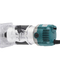 Built Tough 800W Electric Palm Router With Clear Base And Soft Touch Rubber Grip Smooth As Butter 30000 Rpm side view