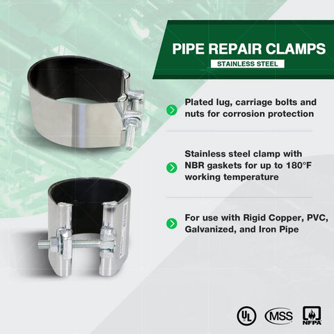 Stainless steel pipe repair clamp, 4-inch IPS, single-bolt, 3 inches long (two clamps shown).