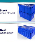 Rock Solid Heavy Duty 18 Gallon Plastic Tote With Handy Hinged Flip Lids Stackable Warehouse Storage Bins Pack Of Three stacked and nested blue storage bins.