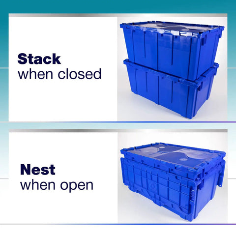 Rock Solid Heavy Duty 18 Gallon Plastic Tote With Handy Hinged Flip Lids Stackable Warehouse Storage Bins Pack Of Three stacked and nested blue storage bins.