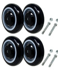 Five Inch Polyurethane Shopping Cart Wheel Set Four Pack Stepped And Full Tread Face With Double Ball Bearing 1400 Lb Total Capacity Durable Rust Resistant Carbon Steel Core Heavy Duty For Cart Applications showing four black wheels with bolts and nuts