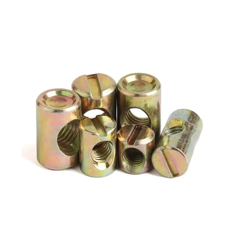 Cross Design Barrel Nuts For Furniture Assembly, Carbon Steel Hammer Nuts M6 M8 displayed at various angles for detail