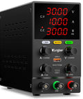 Pro Grade Adjustable Bench Power Supply 30V 10A With Switching Regulated Output Intelligent Charging Mode Real Time Ah Display 18W USB Interface Precision Encoder Knob Safe Auto Charge Black, front view