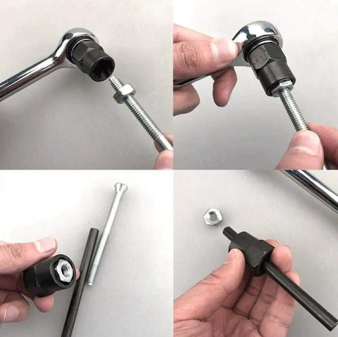 10 Piece Nut Remover Set For Impact Drivers, 9-19mm Nut Extractor Sockets being demonstrated with bolt and wrench
