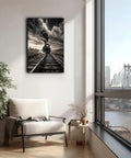 Living room with Killer Monochrome Train Canvas Wall Art Vintage Steam Locomotive Poster With Desert Canyon Tracks And Dramatic Storm Clouds Framed 24x36 Inches Ideal For Living Room Or Man Cave Decor on the wall.
