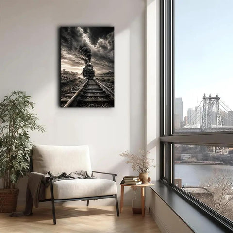 Living room with Killer Monochrome Train Canvas Wall Art Vintage Steam Locomotive Poster With Desert Canyon Tracks And Dramatic Storm Clouds Framed 24x36 Inches Ideal For Living Room Or Man Cave Decor on the wall.