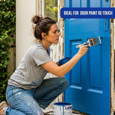 Paint Brush Set Two Pack With A Three Inch Flat Brush And Two And A Half Inch Angle Sash Brush For Cutting In Walls, Great For Home Diy Projects, Budget Friendly, High Quality Bristles And Ergonomic Handle being used for door paint retouch
