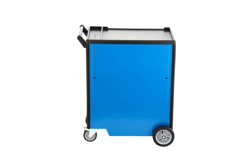 Side view of Heavy Duty Nine Drawer Rolling Tool Trolley Featuring Slick Abs Work Platform And Super Smooth Casters For Top Shelf Garage Storage.