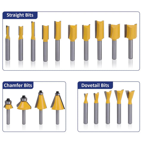 Pro Grade 70 Piece Router Bit Set With 1 Quarter Inch Shank, Tungsten Carbide Bits for Woodworking showing straight, chamfer, and dovetail bits.