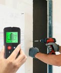 5-in-1 Wall Scanner for stud Finder Metal Wood AC Wire 5-in-1 in hand, drilling into wall, showing LED screen display.
